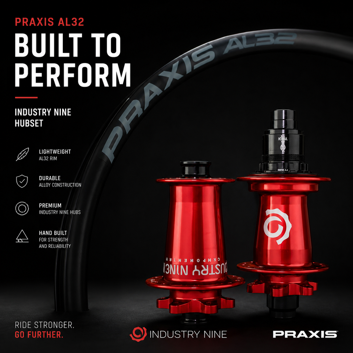 INDUSTRY NINE HYDRA MTN / PRAXIS WHEELSET - 29" RED - 32H 6 BOLT - FRONT 15x110 - REAR 12x148 (XD)