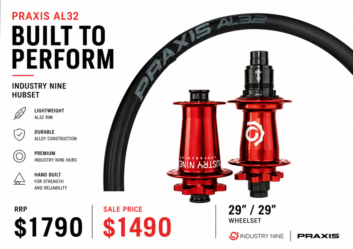 INDUSTRY NINE HYDRA MTN / PRAXIS WHEELSET - 29" RED - 32H 6 BOLT - FRONT 15x110 - REAR 12x148 (XD)