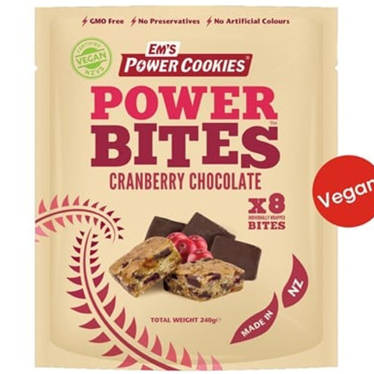 Em's Power Bites Cranberry Chocolate - 8 Bites - 240g - White Bag