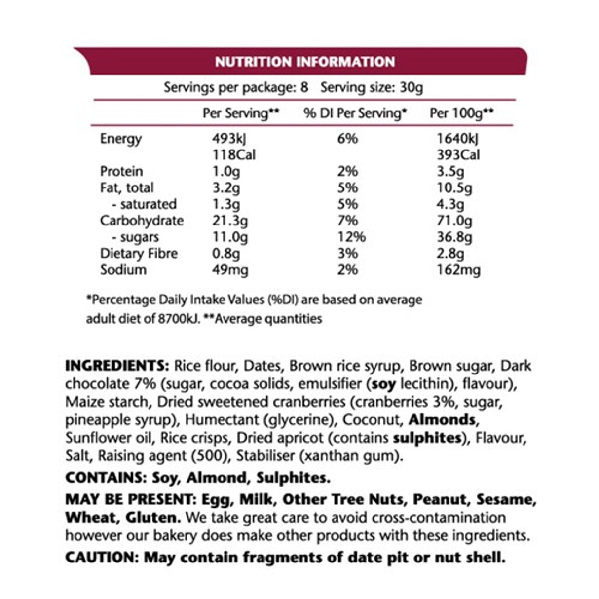 Em's Power Bites Cranberry Chocolate - 8 Bites - 240g - White Bag