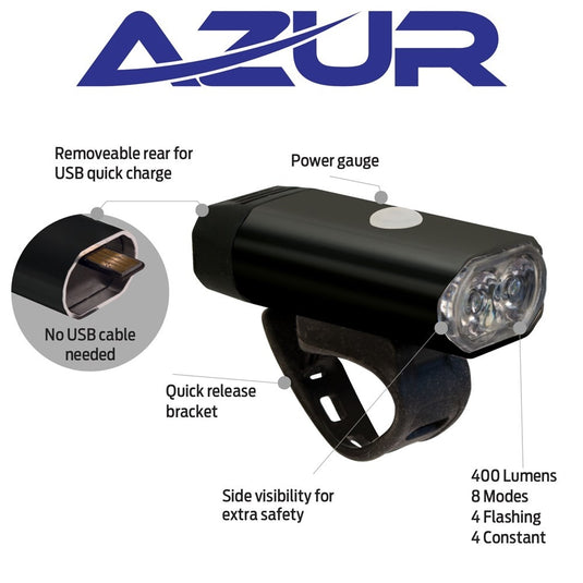 Azur Light - Fusion Alloy Front Dual Lens Usb Rechargable 400 Lumen