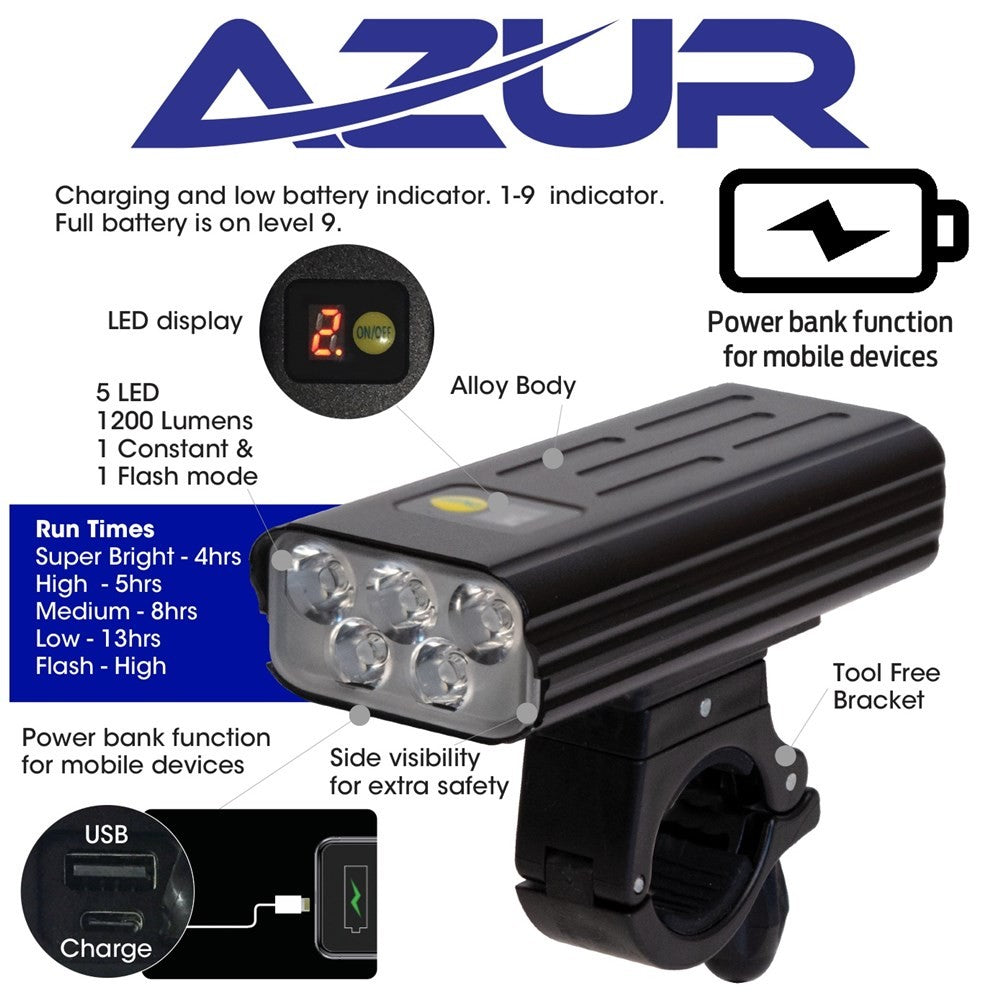 Azur Light - Aurora Front Usb Rechargable With Power Bank - 1200 Lumen