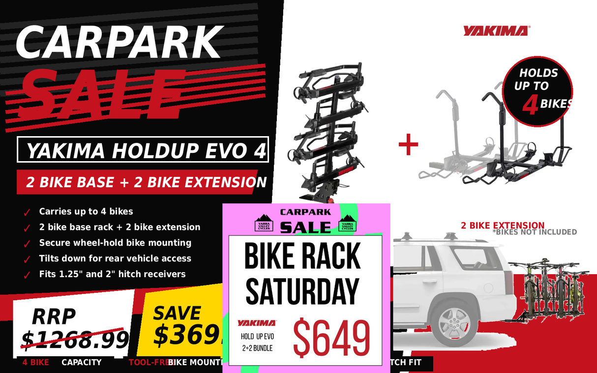 YAKIMA HOLD UP EVO BIKE RACK BUNDLE - 2 + 2 BIKE EXTENSION (HOLDS 4 BIKES)