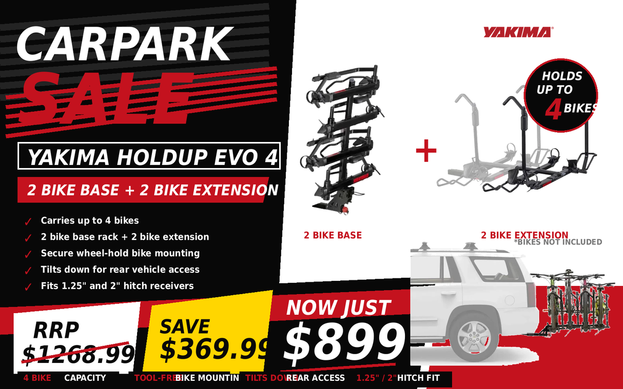 YAKIMA HOLD UP EVO BIKE RACK BUNDLE - 2 + 2 BIKE EXTENSION (HOLDS 4 BIKES)